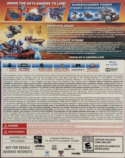 Skylanders SuperChargers – PlayStation 4 (PS4) video game back of case, action-adventure title