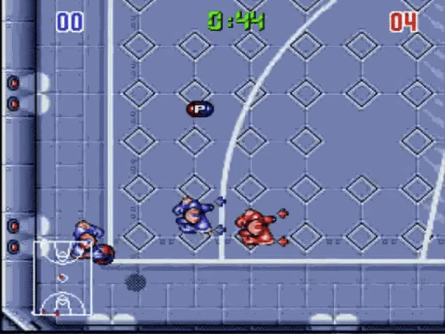 Bill Laimbeer's Combat Basketball Super Nintendo SNES futuristic sports video game set in 2030 weapons and mines legal no referees robot players overhead perspective league play gameplay screenshot