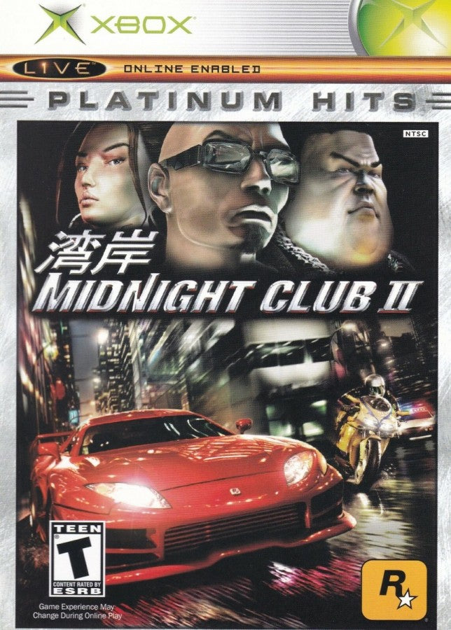 Midnight Club II Platinum Hits Xbox video game, arcade street racing, open-city environments, high-speed multiplayer action, classic console title front cover