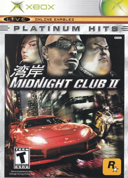 Midnight Club II Platinum Hits Xbox video game, arcade street racing, open-city environments, high-speed multiplayer action, classic console title front cover