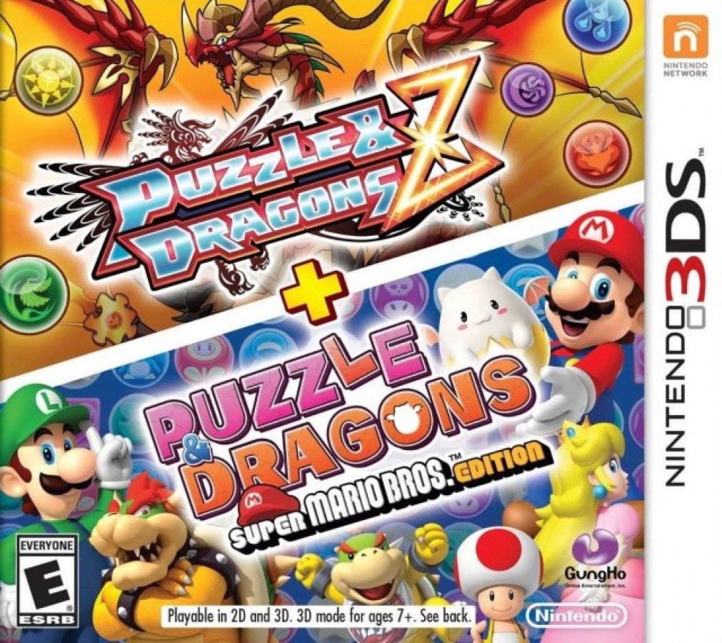 Puzzle & Dragons Z + Puzzle & Dragons Super Mario Bros Nintendo 3DS 3DS for puzzle role playing video game fans featuring match three puzzle battles monster collecting character progression colorful dungeons Mario characters special attacks team building challenging stages and addictive Nintendo 3DS gameplay collectible gaming appeal front cover art