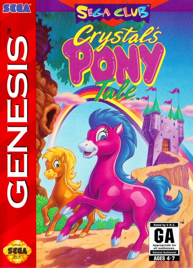 Crystal's Pony Tale Sega Genesis for retro video game enthusiasts featuring colorful fantasy adventure gameplay charming pony characters side scrolling exploration magical quests family friendly platforming challenges whimsical storybook environments and collectible gaming appeal cover art 