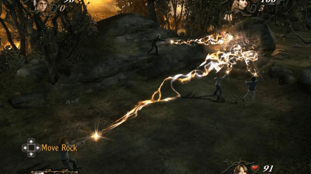 Harry Potter and the Goblet of Fire Xbox action-adventure video game based on the fourth film Triwizard Tournament Harry Ron Hermione cooperative gameplay dragon challenge Black Lake maze graveyard Voldemort duel spell casting character switching puzzle solving EA Games movie license multiplayer support gameplay screenshot