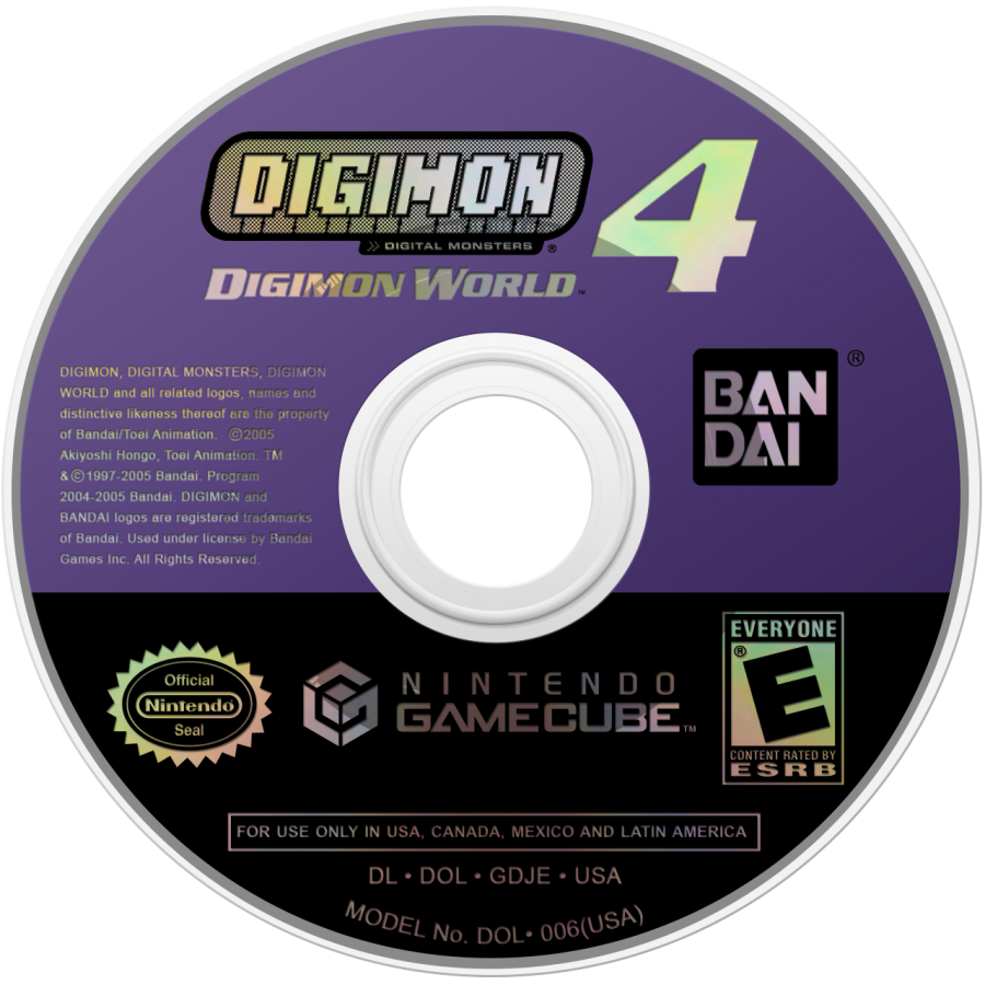 Disc art for Digimon World 4 GameCube GC video game, action RPG, monster training and battles, adventure, multiplayer, classic Nintendo GameCube title