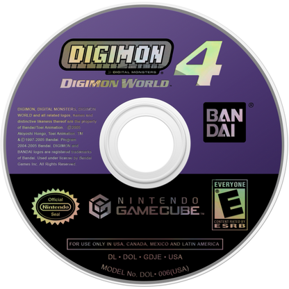 Disc art for Digimon World 4 GameCube GC video game, action RPG, monster training and battles, adventure, multiplayer, classic Nintendo GameCube title