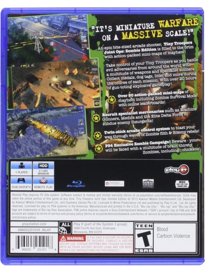 Tiny Troopers Joint Ops PlayStation 4 PS4 for action strategy video game fans featuring top down military combat fast paced missions tactical shooting explosive weapons enemy battles challenging objectives arcade style gameplay and collectible gaming appeal back cover art