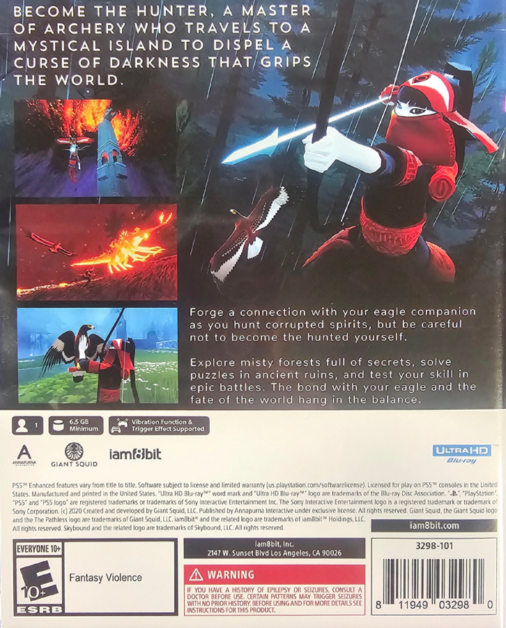 The Pathless PlayStation 5 PS5 video game featuring open world action adventure gameplay archer protagonist spirit companion eagle exploration fast paced movement archery challenges mythical environments puzzle solving boss battles and immersive PlayStation 5 gaming retro video game collection collectible gaming appeal back cover art