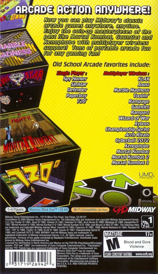Midway Arcade Treasures: Extended Play back of case for PlayStation Portable (PSP) compilation of classic arcade video games