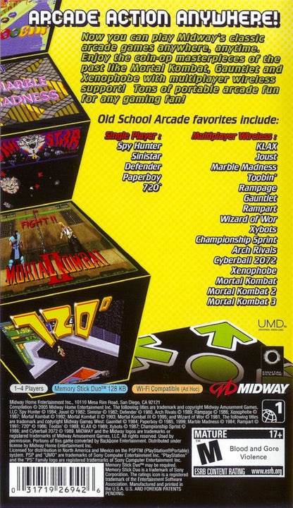 Midway Arcade Treasures: Extended Play back of case for PlayStation Portable (PSP) compilation of classic arcade video games