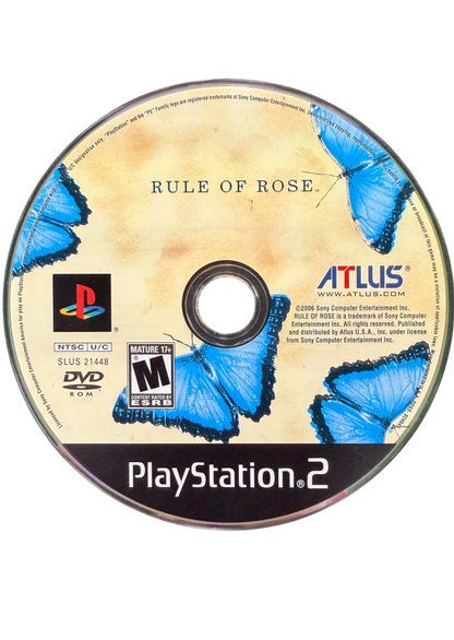 Rule of Rose PlayStation 2 PS2 for survival horror adventure video game fans featuring psychological horror dark storytelling eerie environments exploration puzzle solving mysterious characters unsettling atmosphere combat gameplay and immersive narrative collectible gaming appeal front of disc