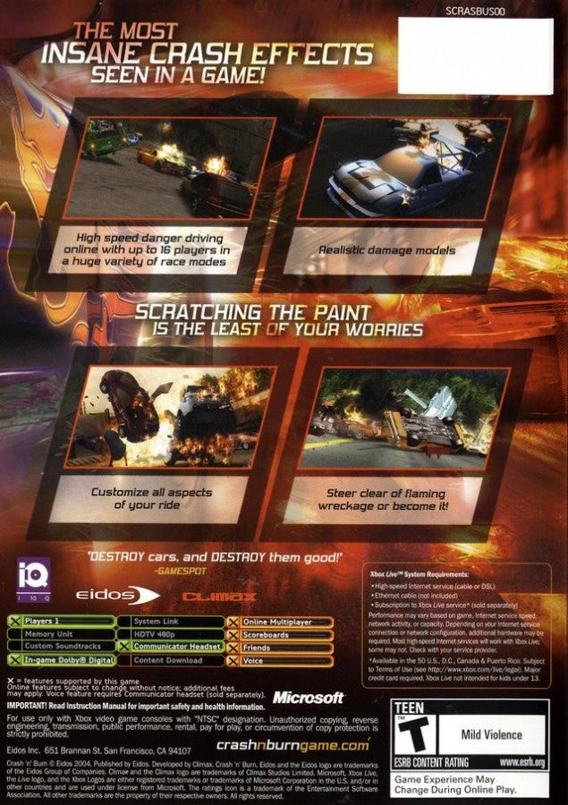 Crash N’ Burn for Xbox featuring high-speed racing and destructive crash action visuals gameplay back cover art