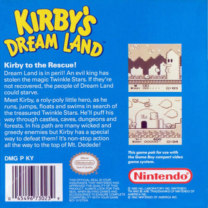Kirby's Dream Land back cover art for Game Boy (GB) video game 