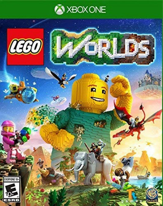 LEGO Worlds Xbox One video game featuring open world sandbox gameplay creative building exploration procedural environments multiplayer fun and family friendly LEGO adventure experience cover art