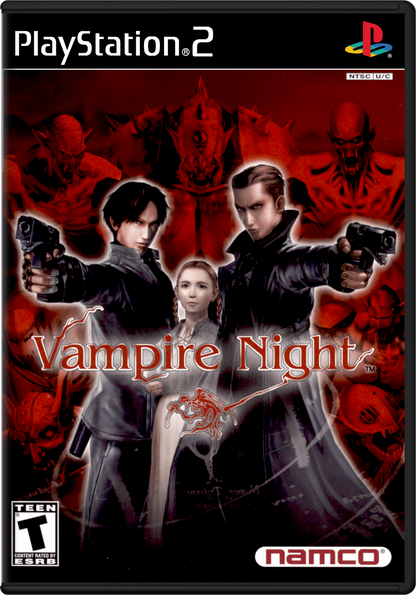 Vampire Night PS2 Sony PlayStation 2 arcade light gun shooter Namco rail shooter GunCon compatible vampire hunting combat gothic horror setting fast paced shooting stages co op arcade gameplay retro gaming PlayStation 2 software video game title cover art