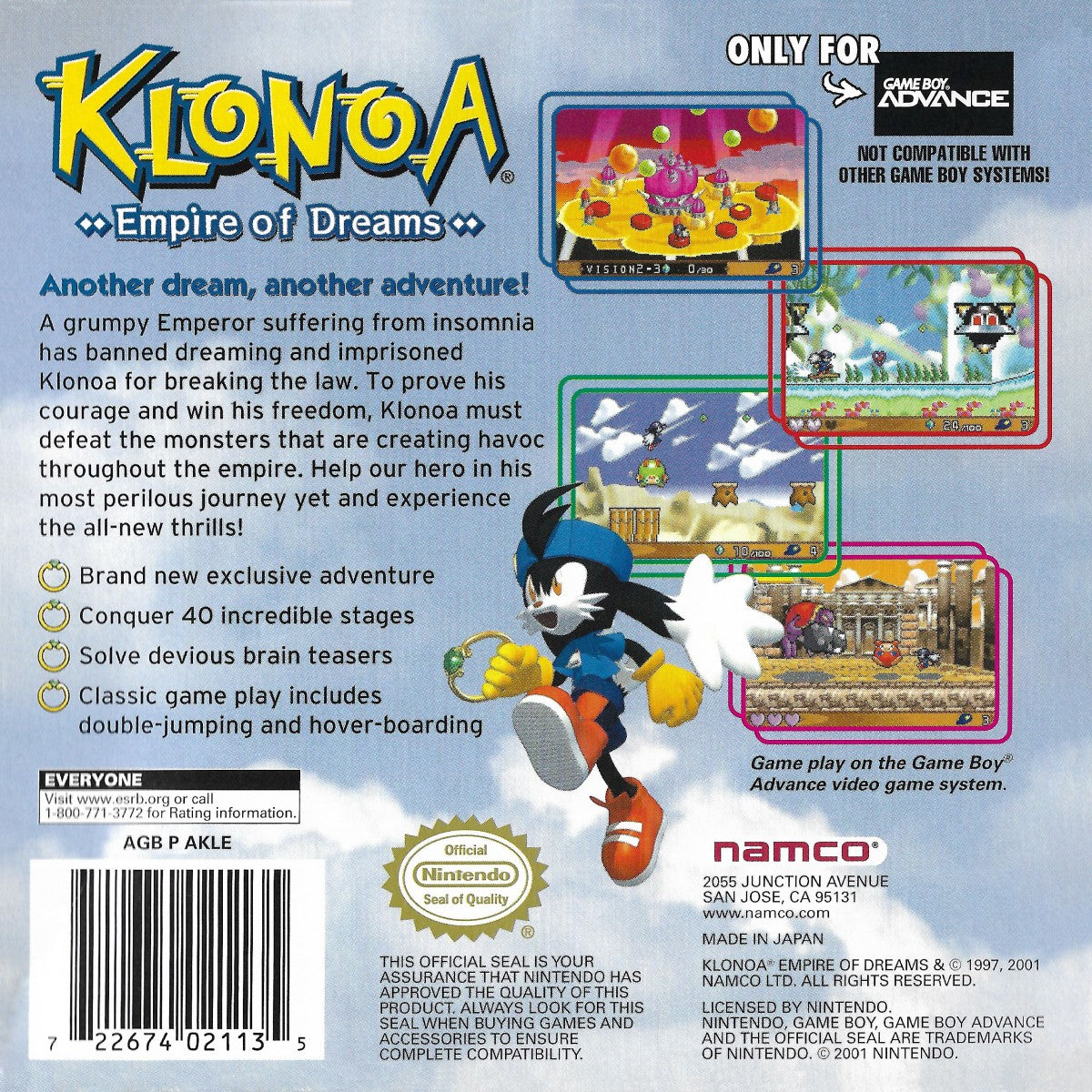 Klonoa Empire of Dreams Game Boy Advance GBA video game featuring action platforming gameplay Klonoa adventure colorful dream worlds enemy encounters puzzle solving wind bullet abilities collectible items and classic handheld Nintendo gameplay retro video game collection collectible gaming appeal back cover art