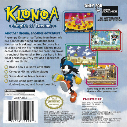 Klonoa Empire of Dreams Game Boy Advance GBA video game featuring action platforming gameplay Klonoa adventure colorful dream worlds enemy encounters puzzle solving wind bullet abilities collectible items and classic handheld Nintendo gameplay retro video game collection collectible gaming appeal back cover art