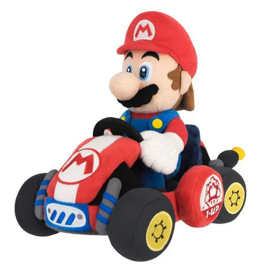 Mario in Kart Plush Nintendo Super Mario collectible for gaming enthusiasts featuring soft plush construction kart racing inspired design iconic Nintendo character themed merchandise display worthy gaming collectible and fan favorite gaming appeal front 