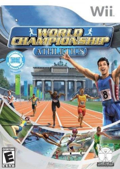 World Championship Athletics cover art for Nintendo Wii (Wii) featuring track‑and‑field sports competition with sprinting, jumping, and throwing events, motion‑based controls, and international tournament gameplay.