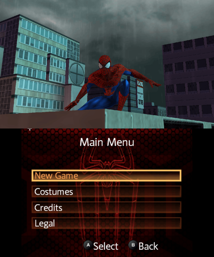 The Amazing Spider-Man 2 main menu for Nintendo 3DS (3DS) action adventure video game