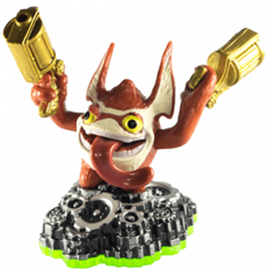 Trigger Happy Skylanders Spyro’s Adventure figure, gold gremlin character with wide grin, dual golden pistols raised in firing pose, chaotic gunner stance, detailed collectible toy on portal base from Skylanders Spyro’s Adventure series