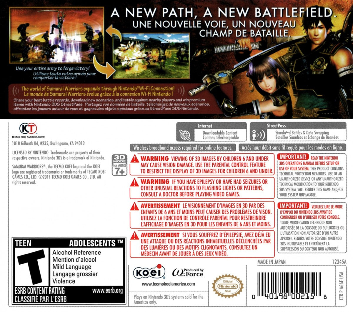 Samurai Warriors Chronicles Nintendo 3DS game featuring hack and slash action gameplay with historical samurai battles, character customization, and strategic missions in a 3D handheld environment back cover