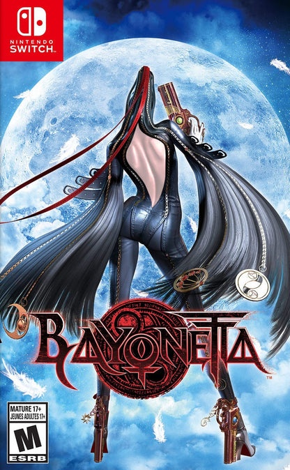 Bayonetta Nintendo Switch inspired design featuring stylish action adventure aesthetic powerful witch heroine fast paced hack and slash combat supernatural abilities cinematic battles dramatic fantasy environments intense character driven gameplay presentation cover art