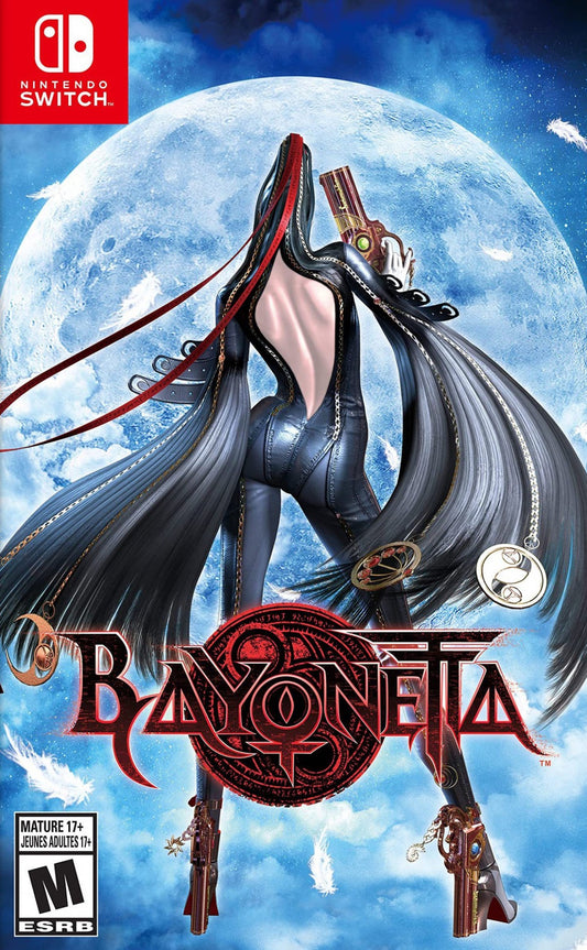 Bayonetta Nintendo Switch inspired design featuring stylish action adventure aesthetic powerful witch heroine fast paced hack and slash combat supernatural abilities cinematic battles dramatic fantasy environments intense character driven gameplay presentation cover art