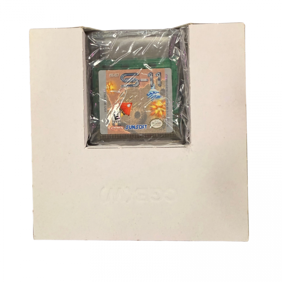 Project S-11 Game Boy Color GBC video game featuring vertical scrolling shoot em up gameplay spaceship combat enemy waves power ups challenging stages boss battles and classic handheld arcade action retro video game collection collectible gaming appeal cartridge and insert