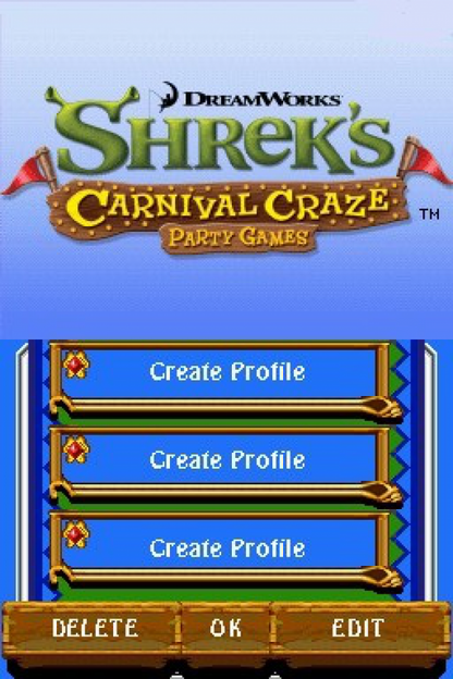 Shrek's Carnival Craze: Party Games start screen for Nintendo DS (DS) party mini-game collection video game