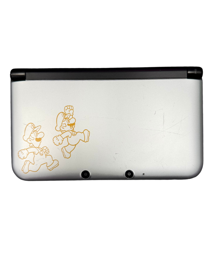 Nintendo 3DS XL Mario and Luigi Silver Edition console featuring exclusive metallic character design, dual screens, and portable handheld gaming experience top shell view