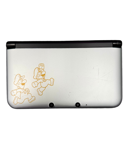 Nintendo 3DS XL Mario and Luigi Silver Edition console featuring exclusive metallic character design, dual screens, and portable handheld gaming experience top shell view