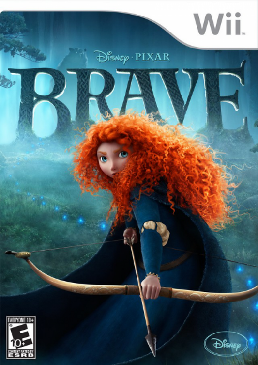 Disney Pixar Brave Nintendo Wii game featuring action adventure gameplay based on the Brave film with Merida using archery sword combat puzzle solving cooperative play and story driven levels set in a magical Scottish world front 
cover art 