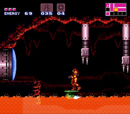 Super Metroid Player’s Choice Super Nintendo SNES video game, action adventure, sci-fi exploration, classic Nintendo title gameplay