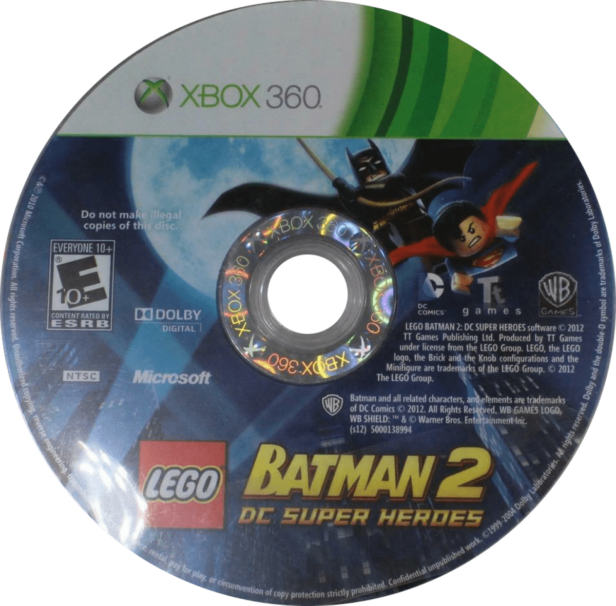 LEGO Batman 2: DC Super Heroes for Xbox 360 action adventure video game featuring cooperative gameplay, LEGO styled levels, iconic DC characters, and family friendly superhero missions experience disc