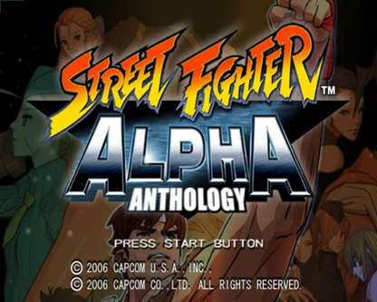 Street Fighter Alpha Anthology retro PlayStation 2 video game Street Fighter fighting game arcade combat Capcom multiplayer classic fighting collection console title PlayStation 2 release title screen