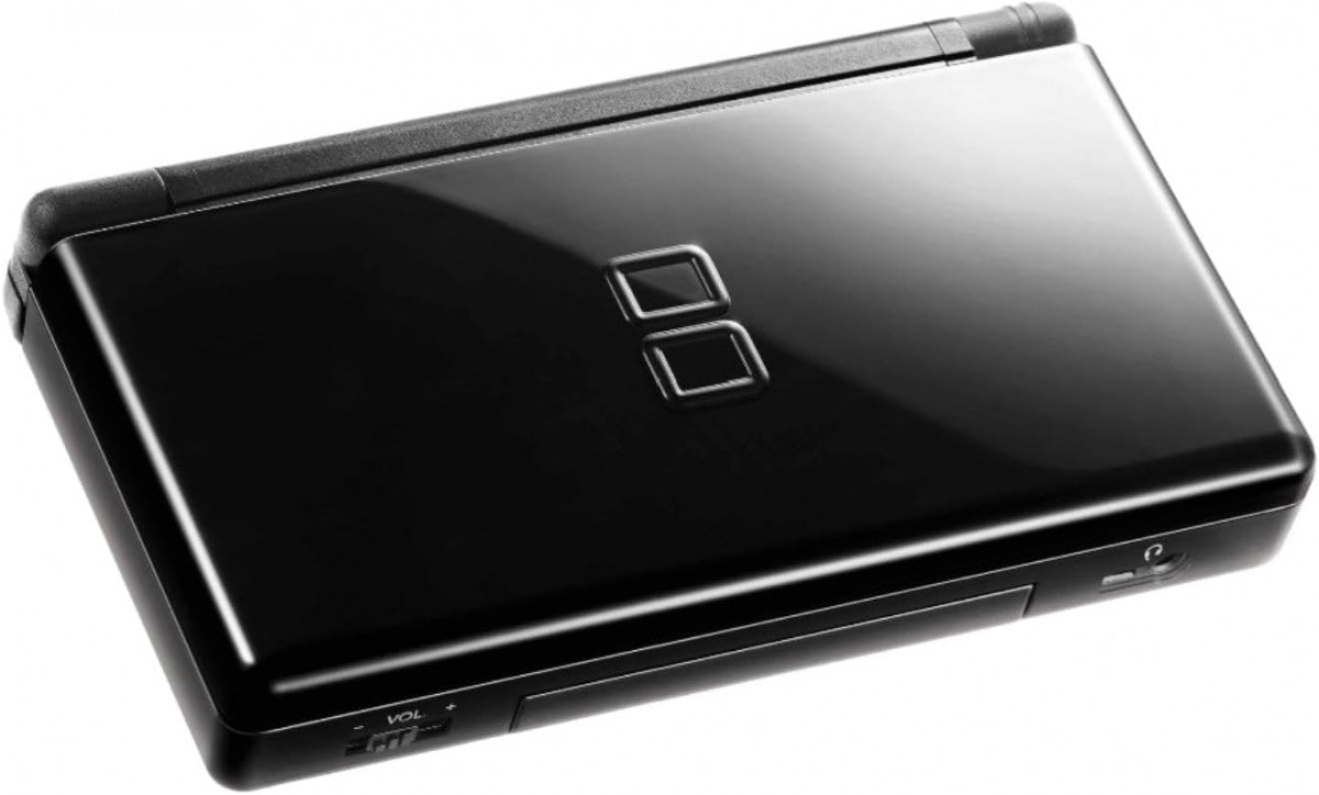 Nintendo DS Lite DSL handheld gaming system in black with dual screens touchscreen functionality and Game Boy Advance compatibility top closed