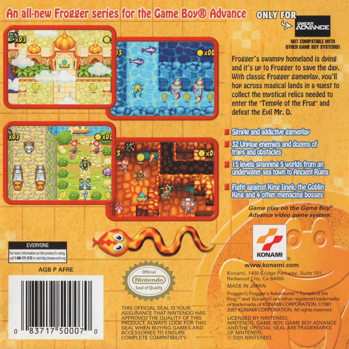 Frogger’s Adventures Temple of the Frog for Game Boy Advance (GBA), back of box for a retro video game featuring action-adventure platforming gameplay, puzzle-solving challenges, fantasy environments, and classic character-based exploration