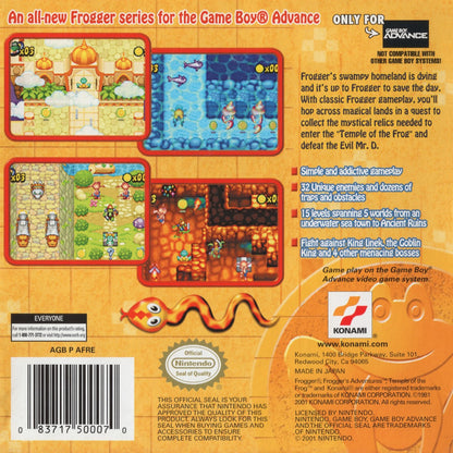 Frogger’s Adventures Temple of the Frog for Game Boy Advance (GBA), back of box for a retro video game featuring action-adventure platforming gameplay, puzzle-solving challenges, fantasy environments, and classic character-based exploration