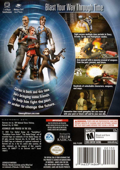 TimeSplitters Future Perfect game for the Nintendo GameCube featuring first person shooter gameplay with time travel themed missions cooperative story mode multiplayer options and arcade style combat across varied historical and futuristic settings back cover