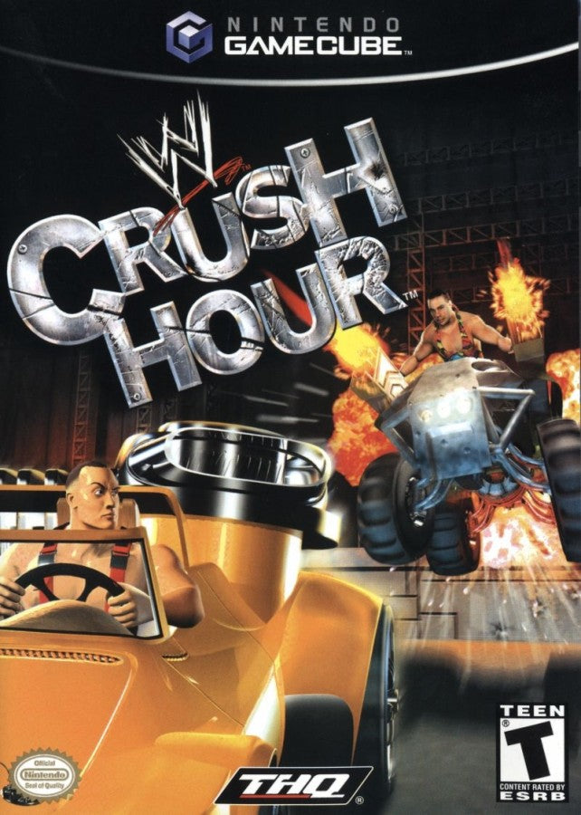 WWE Crush Hour Nintendo GameCube GC video game featuring vehicular combat action gameplay WWE superstars and wrestling characters weaponized cars explosive arena battles machine guns missiles rockets vehicle upgrades destructive racing combat special attacks championship challenges and chaotic professional wrestling themed driving action classic Nintendo GameCube arcade combat retro video game collection collectible gaming appeal front cover art