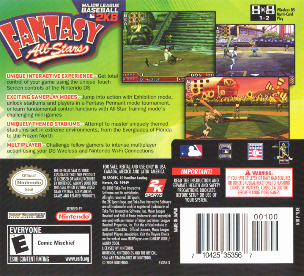 MLB 2K8 Fantasy All Stars back of case for Nintendo DS (DS) baseball sports video game