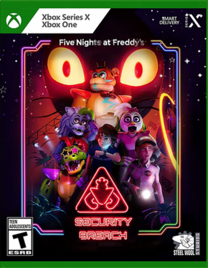 Five Nights at Freddy's Security Breach Xbox One XONE for survival horror video game fans featuring animatronic enemies stealth gameplay first person exploration massive entertainment complex nighttime survival missions puzzle solving tense encounters and immersive horror adventure collectible gaming appeal front cover art