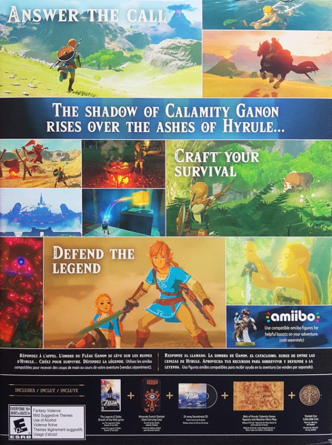 The Legend of Zelda Breath of the Wild Special Edition Nintendo Switch NS for action adventure video game fans featuring expansive open world exploration puzzle solving epic fantasy quests weapon crafting shrine challenges iconic Link adventure beautiful landscapes special edition content collectible gaming appeal back cover art