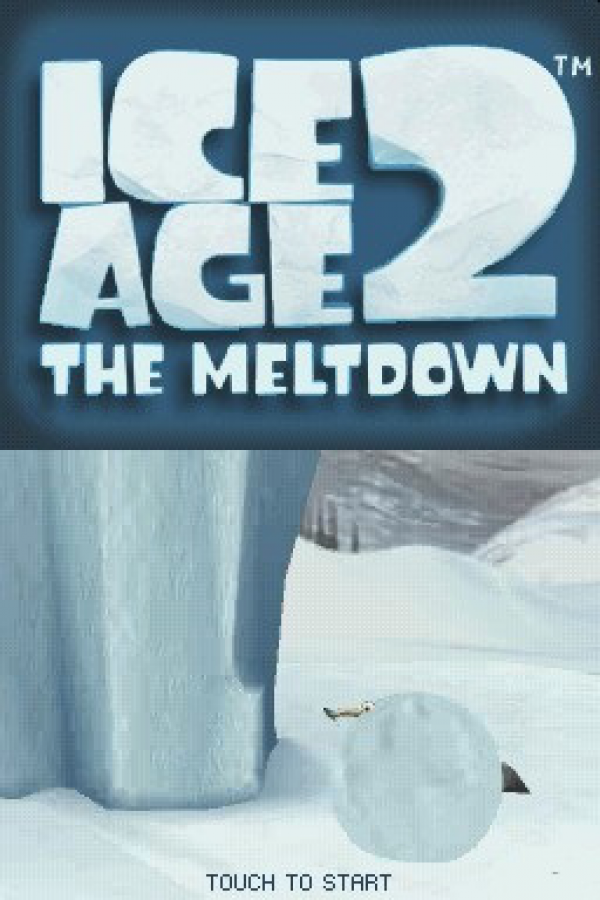 Ice Age 2 The Meltdown Nintendo DS video game, action platformer, movie tie-in adventure, family-friendly handheld console title main menu title screen