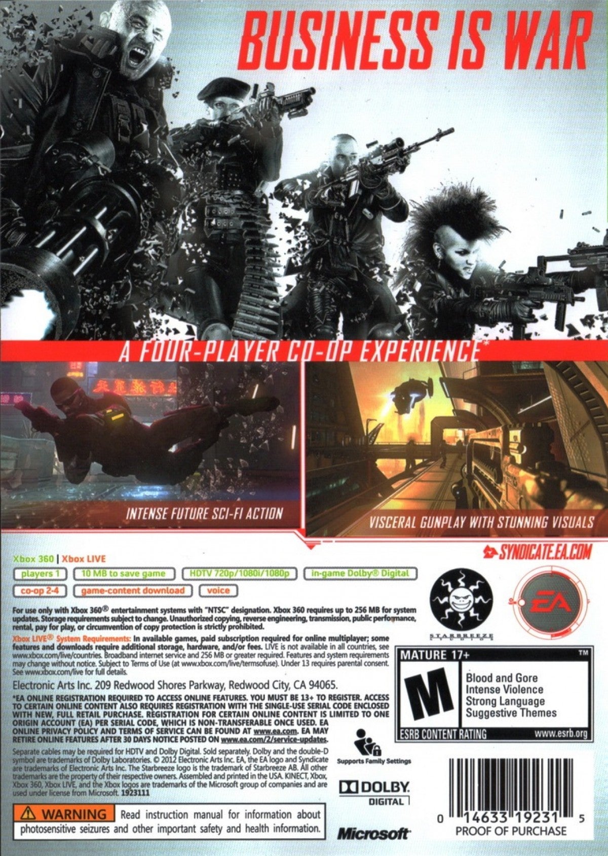 Syndicate Xbox 360 inspired design featuring cyberpunk first person shooter aesthetic futuristic corporate warfare neural chip enhancements high tech dystopian action sci fi combat sleek industrial environments nostalgic EA action presentation back cover art