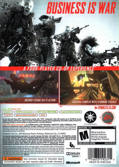 Syndicate Xbox 360 inspired design featuring cyberpunk first person shooter aesthetic futuristic corporate warfare neural chip enhancements high tech dystopian action sci fi combat sleek industrial environments nostalgic EA action presentation back cover art