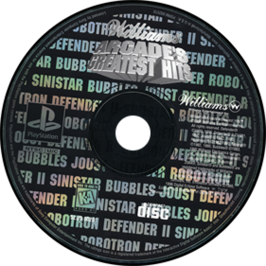 Williams Arcade's Greatest Hits disc for PlayStation 1 (PS1) arcade compilation video game