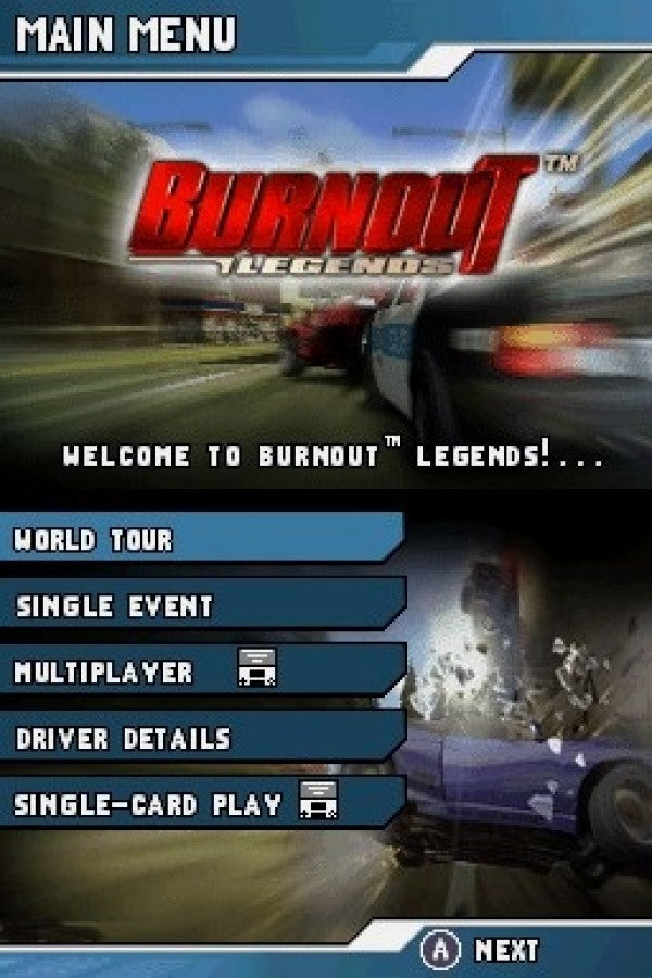 Burnout Legends home screen for Nintendo DS (DS) arcade racing video game