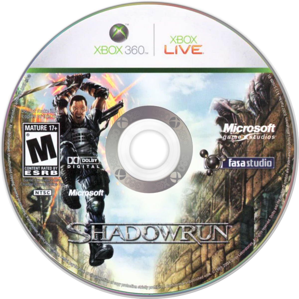 Shadowrun for Xbox 360 first person shooter video game featuring cyberpunk fantasy setting team based multiplayer magic and technology combat and unique cross platform gameplay experience disc