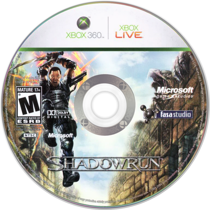 Shadowrun for Xbox 360 first person shooter video game featuring cyberpunk fantasy setting team based multiplayer magic and technology combat and unique cross platform gameplay experience disc